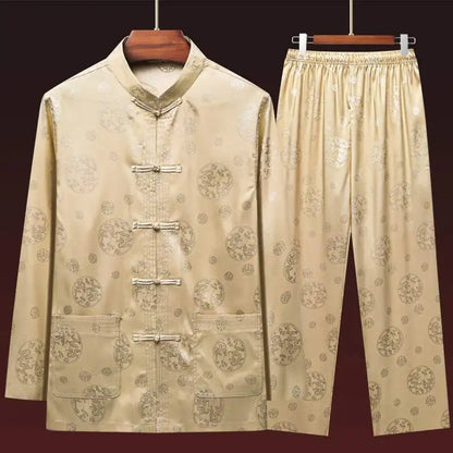 Men's Long Sleeve Ice Silk Tai Chi Suit Traditional Chinese Hanfu Vintage Style Tang Costume Elderly Fashion Dad's Clothing