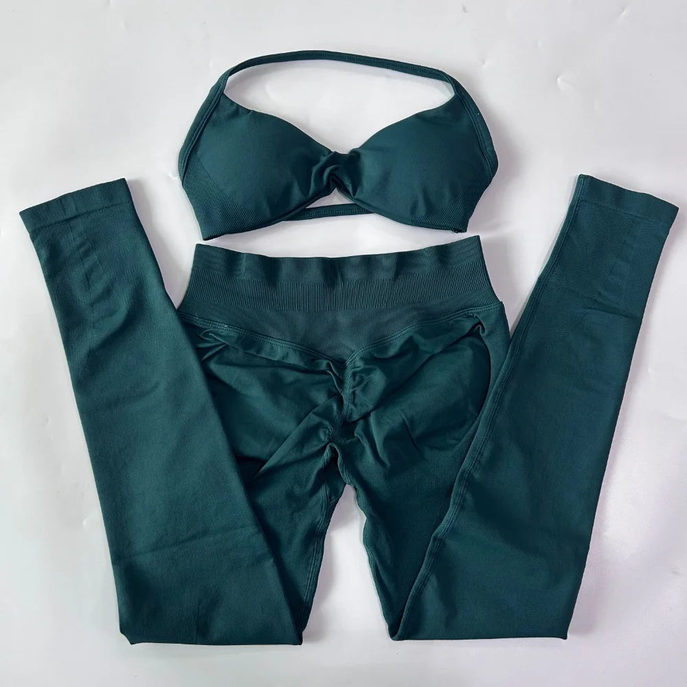 Women's 2 Piece Yoga Set High Quality Seamless Leggings And Strappy Bra Workout Gym Fitness Sportswear Resistance Training