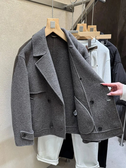 Fashion Winter Male Short Style Turn Down Collar Jacket Loose Fit Double Breasted Trench Coat Long Sleeves Pocket Warm Overcoat