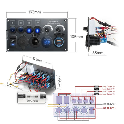 Toggle Switch Multi-Functions Silver Aluminum Panel LED Dimmer Switch 12V 24V for RV Dual Port USB QC3.0  Cigarette Lighter