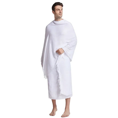 Men's Hajj Ihram 2 Piece Set Solid White Towel Suit Authentic Pilgrimage Attire for Umrah