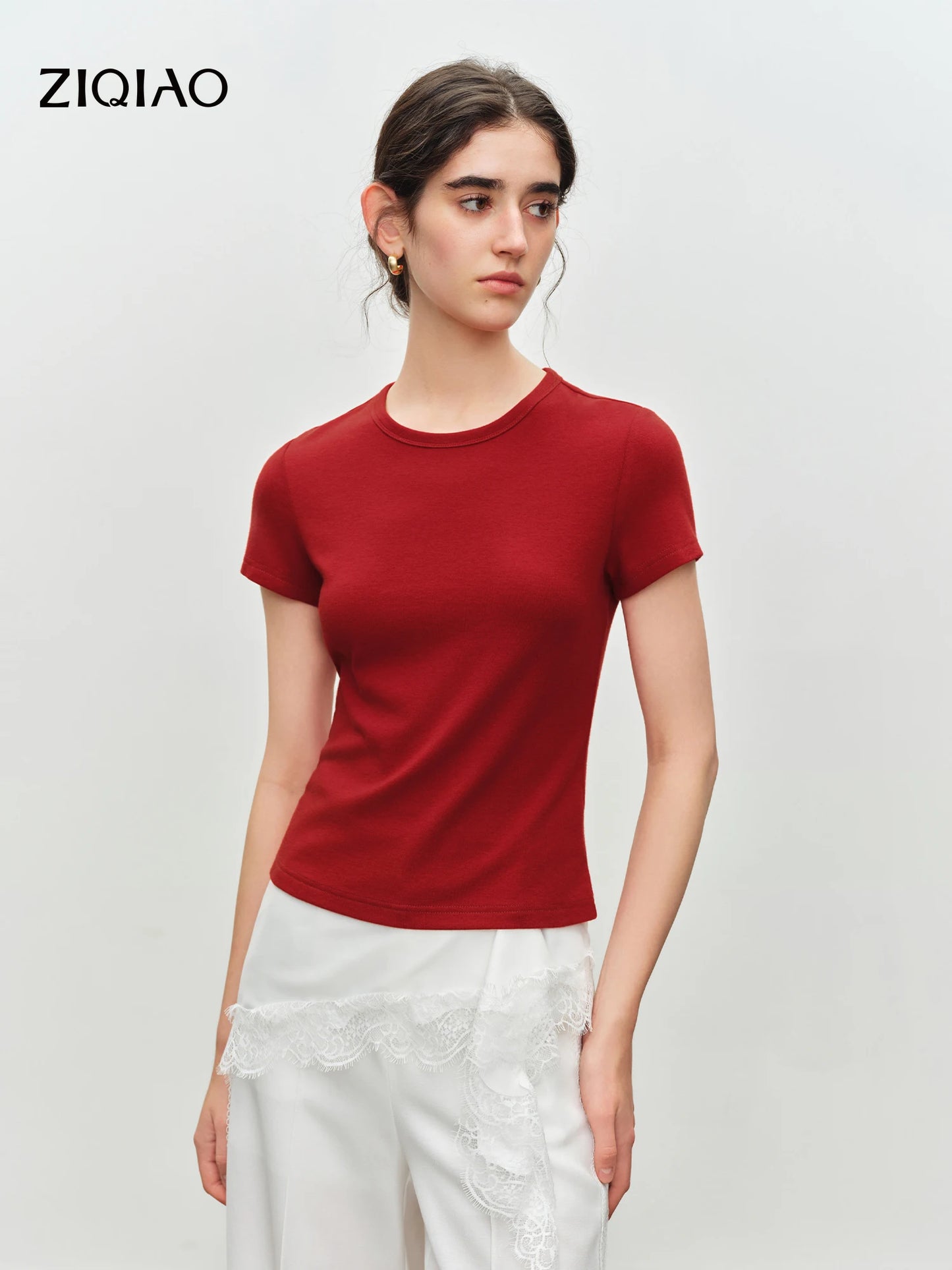 ZIQIAO Elastic Solid Basics Short-sleeved Slim-fit Knit T-shirt for Women New Summer 2026 Design Red Top Daily BF