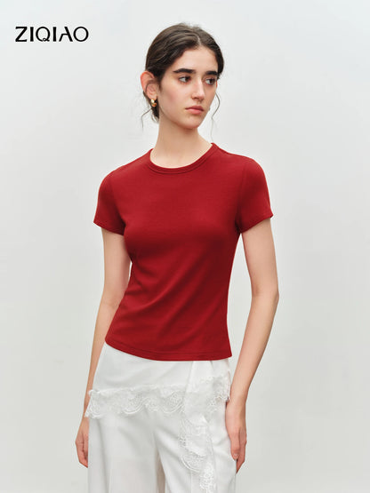 ZIQIAO Elastic Solid Basics Short-sleeved Slim-fit Knit T-shirt for Women New Summer 2026 Design Red Top Daily BF