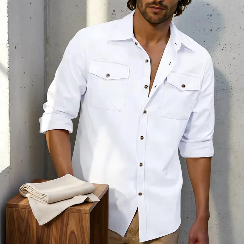 2026 New Men's Long Sleeve Casual Shirt Double Chest Pocket Button Up Soft Loose Linen Comfy Daily Work Street Outdoor Wear Tops