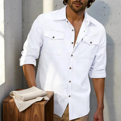 2026 New Men's Long Sleeve Casual Shirt Double Chest Pocket Button Up Soft Loose Linen Comfy Daily Work Street Outdoor Wear Tops