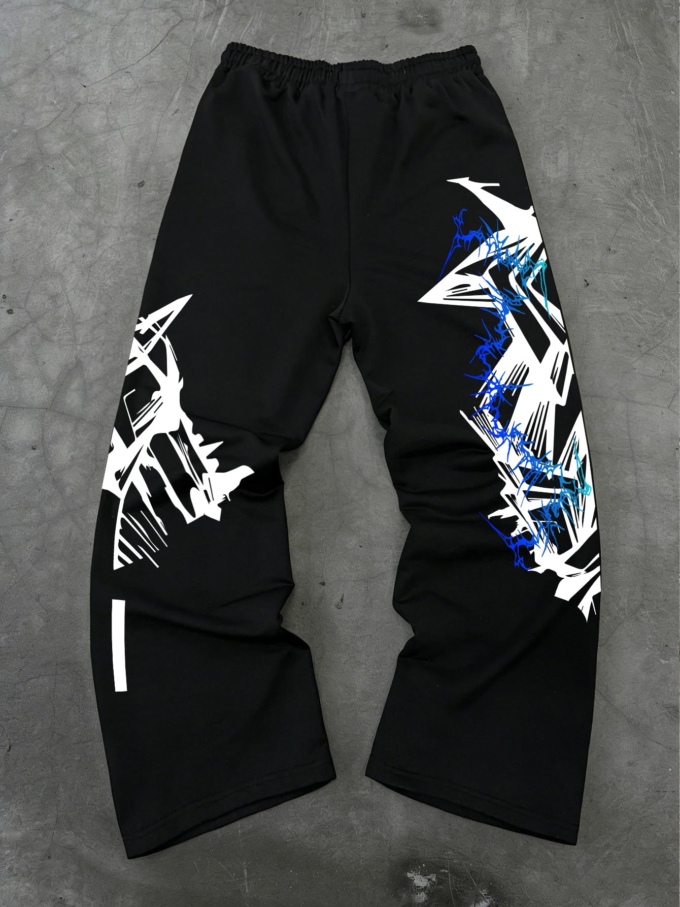 Y2K Abstract Blue Graffiti Geometric Print Mens Baggy Wide Leg Sweat Pants Loose Straight Drawstring Hip Hop Street Joggers