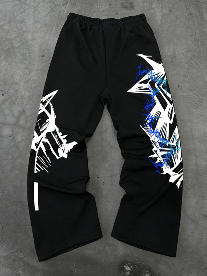 Y2K Abstract Blue Graffiti Geometric Print Mens Baggy Wide Leg Sweat Pants Loose Straight Drawstring Hip Hop Street Joggers