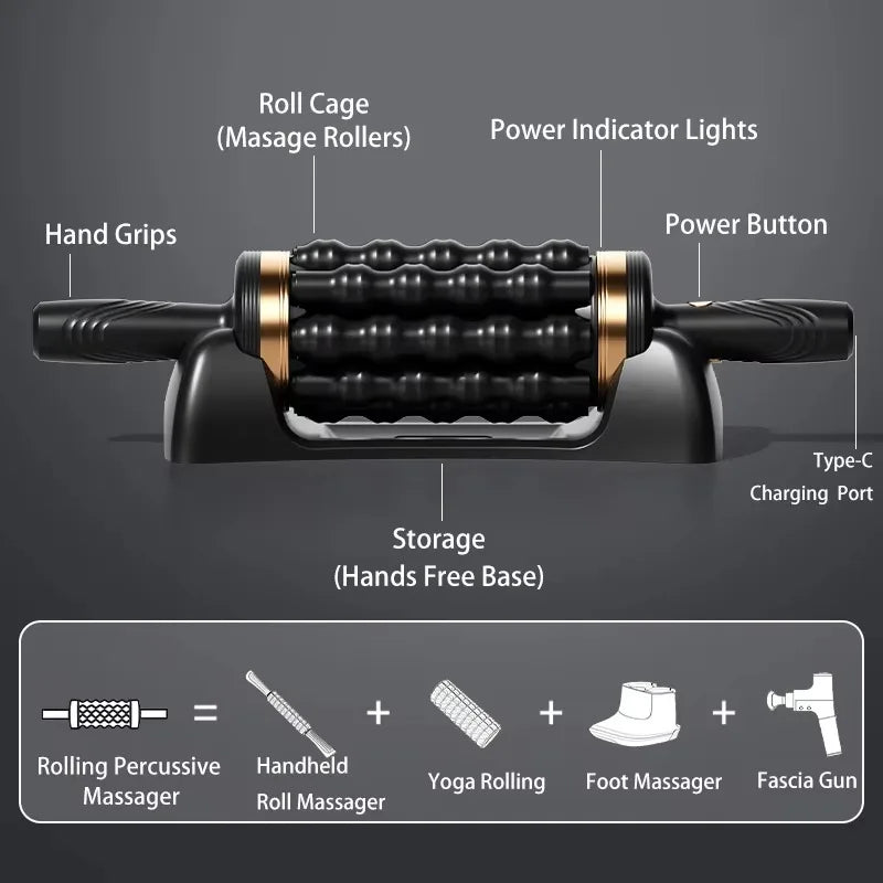 Rechargeable Rolling Percussive Massager with 36 Massage Points, Handheld Roller with Base for Foot, Back, and Leg Muscle Pain