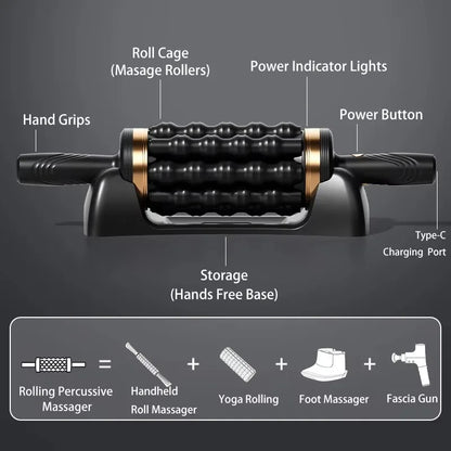 Rechargeable Rolling Percussive Massager with 36 Massage Points, Handheld Roller with Base for Foot, Back, and Leg Muscle Pain