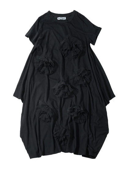 Black dress imakokoni spring loose irregular pure cotton flower design medium long short sleeved skirt for women 265432