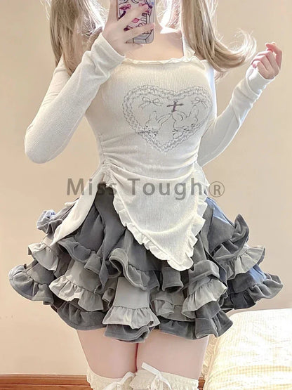 Autumn Japanese Kawaii Two Piece Set Women Sweet Rabbit Print Cute Skirt Suit Female Korean Slim Tops＋Princess Cake Skirt 2024