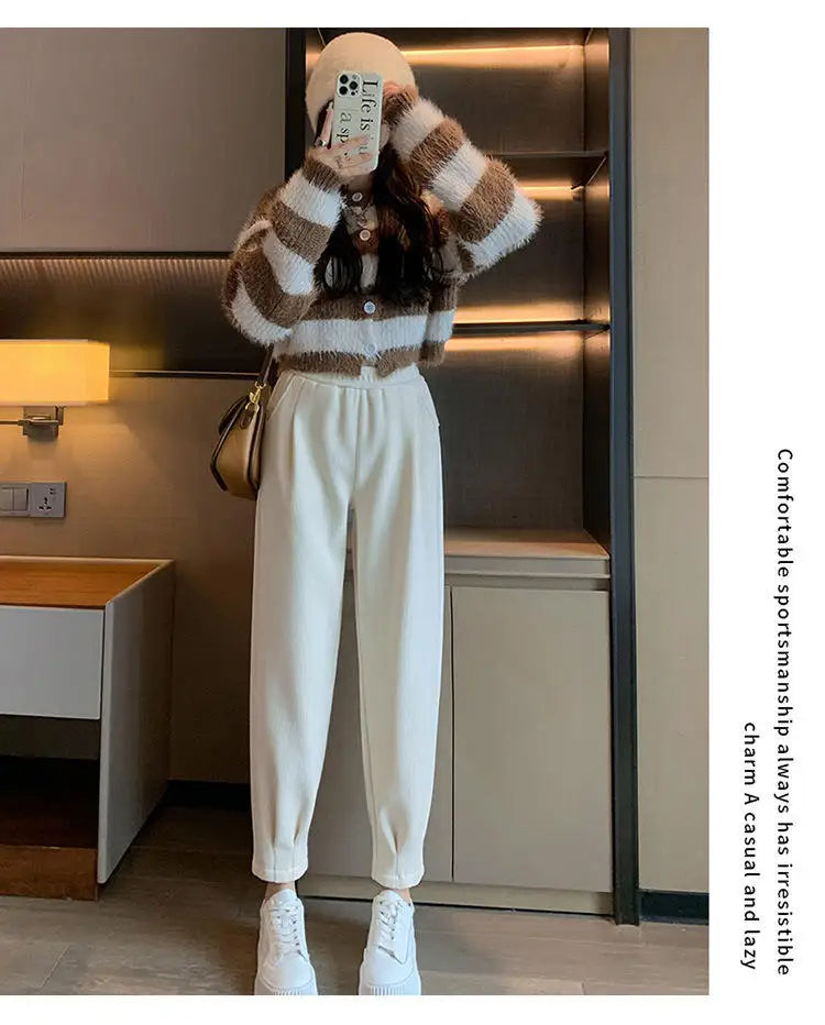 Autumn Winter High Waist Loose Thickened Fleece Harlan Pants Women's Casual Trousers Carrot Style Comfortable Loose Fit