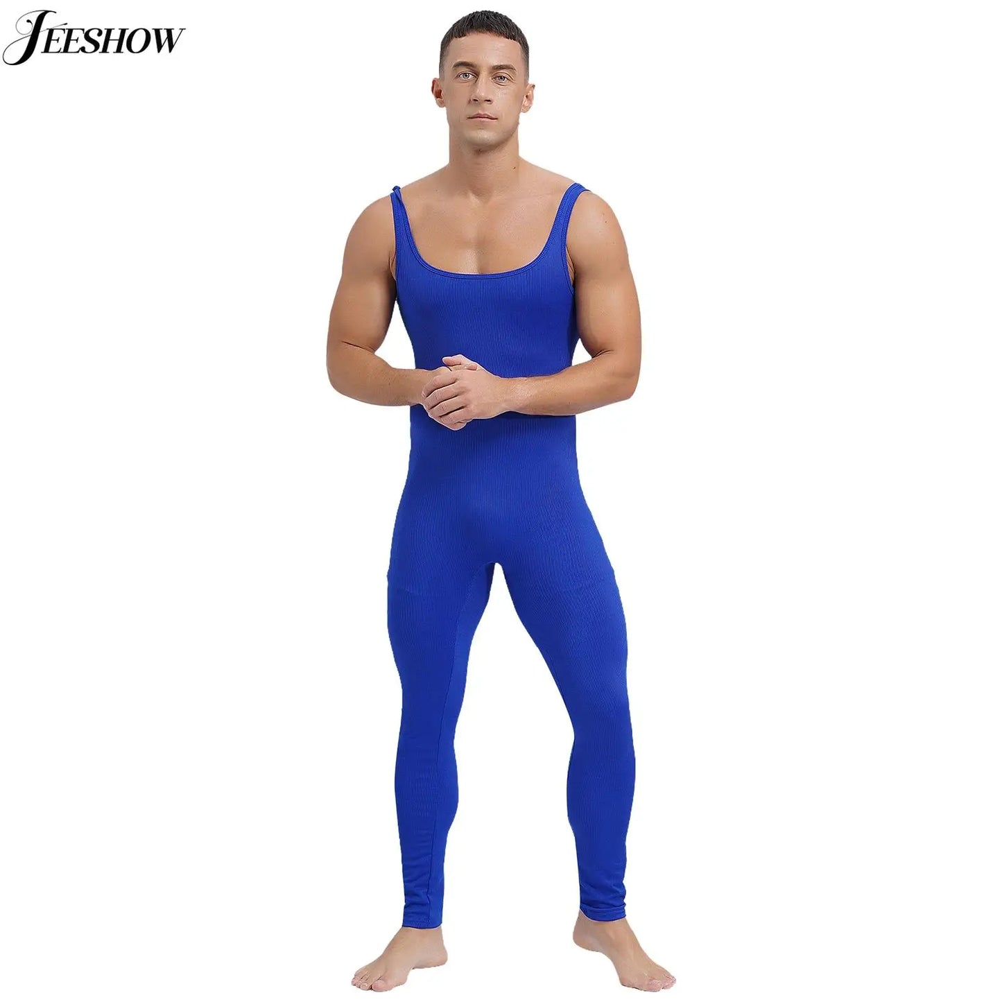 Mens Athletic Jumpsuit Square Neck Sleeveless Leotard Ribbed Striped Tank Unitard Wrestling Singlet Workout Yoga Bodysuit Romper