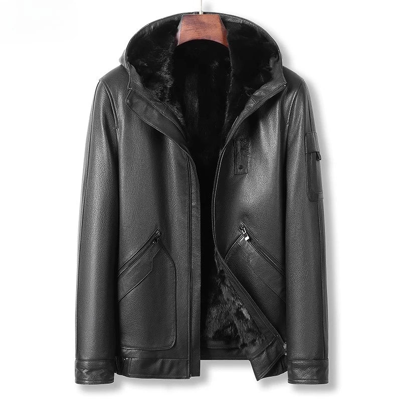 YOLANFAIRY Genuine Goatskin Leather Jacket for Man Real Fur Coat with Hood Winter Luxury Mink Fur Liner Men's Leather Jackets