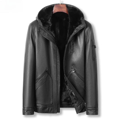 YOLANFAIRY Genuine Goatskin Leather Jacket for Man Real Fur Coat with Hood Winter Luxury Mink Fur Liner Men's Leather Jackets