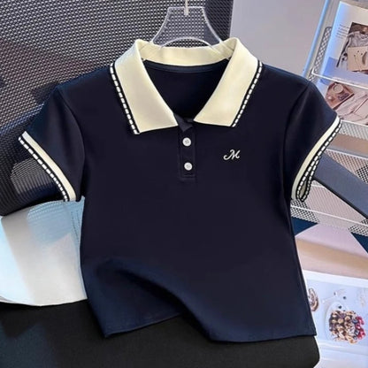 Women's Summer Straight Shoulder Cotton Polo Collar Short Sleeve T Shirt Color Block Slim Fit Slimming Short Top
