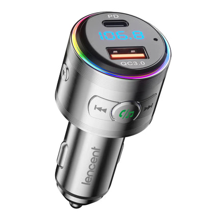 LENCENT Bluetooth 5.3 FM Transmitter Full Metal Bluetooth Car Adapter with PD 20W & QC3.0 Fast Charger Hi-Fi Music Adapter