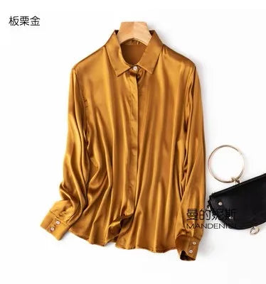 Luxury Satin silk shirt women's long sleeve 93% mulberry silk shirt commuter office lady style for Spring/Summer