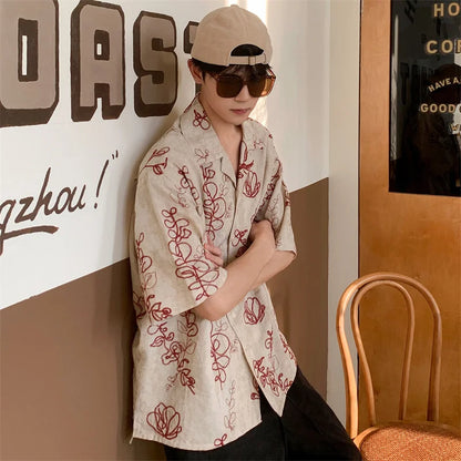 2026 Retro Floral Embroidered Summer Shirts For Men Linen Contrast-Color Print Casual T-Shirts Street Fashion Cuban Collar Tops