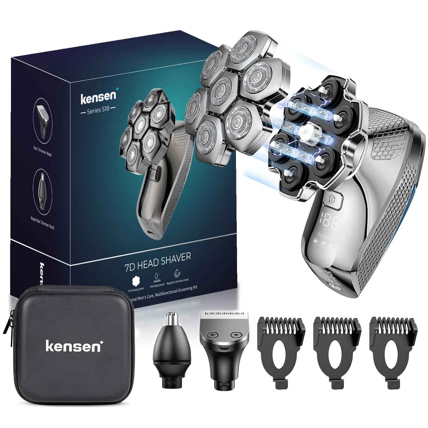 KENSEN 5 in 1 Electric Head Shaver Magnetic 7D Floating Blade Men's Grooming Kit Rechargeable Head Shaving Machine Beard Trimmer