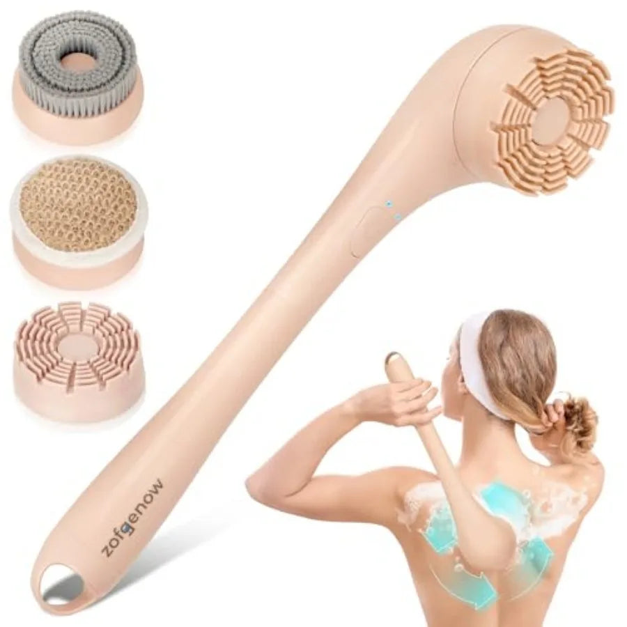 Electric Body Brush, Waterproof Back Scrubber for Shower with Long Handle and 3 Heads, Rechargeable Exfoliating Brush for Body