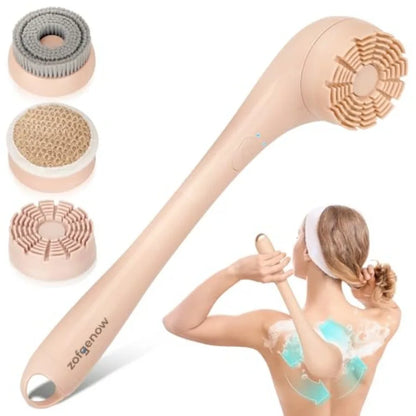 Electric Body Brush, Waterproof Back Scrubber for Shower with Long Handle and 3 Heads, Rechargeable Exfoliating Brush for Body