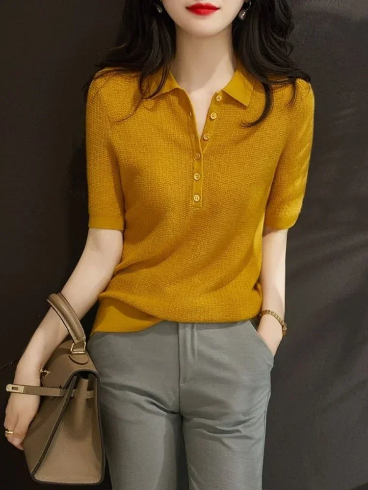 Yellow Polo Neck Shirt Button Knit Pink Women's T Shirts Plain Top Clothes Short Sleeve Tee New Synthetic Aesthetic Summer 2025