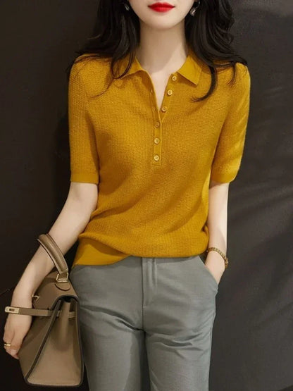 Yellow Polo Neck Shirt Button Knit Pink Women's T Shirts Plain Top Clothes Short Sleeve Tee New Synthetic Aesthetic Summer 2025