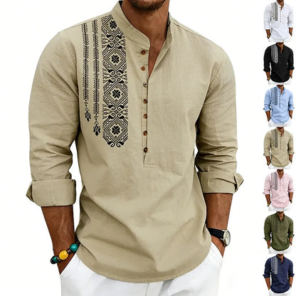 Spring and summer long-sleeved loose ethnic style linen printing breathable stand-up collar breasted long-sleeved shirt men