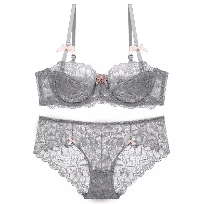 Sexy Lace Half Cup Bra Set Women Soft Underwire Gathered Thin Push Up Lightweight Exquisite Lace Comfort Lingerie Set 4 Colors
