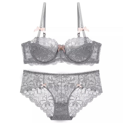 Sexy Lace Half Cup Bra Set Women Soft Underwire Gathered Thin Push Up Lightweight Exquisite Lace Comfort Lingerie Set 4 Colors