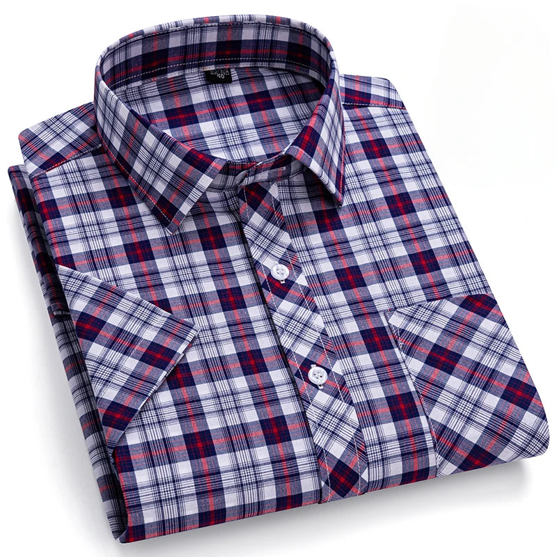 New in Shirt Over Size 100% Cotton Thin Summer Short Sleeve Shirts for Men Slim Fit Plain Shirt Plaid Soft Korean Popular Clothe