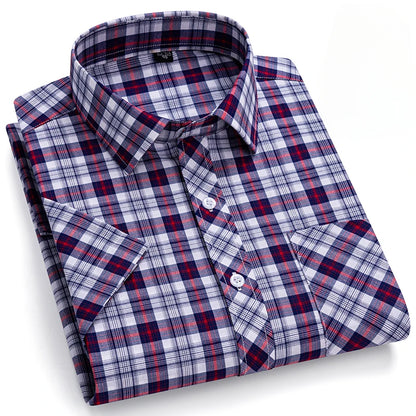 New in Shirt Over Size 100% Cotton Thin Summer Short Sleeve Shirts for Men Slim Fit Plain Shirt Plaid Soft Korean Popular Clothe