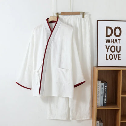 Spring Autumn Japanese Color Blocked Cotton Crepe Kimono Mens Pajamas Set Thin Lace-Up Top + Pants Loose Two-piece Male Homewear