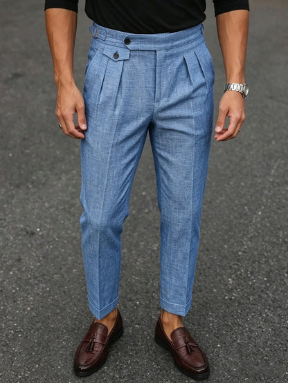 2026 SS Men's Italian Neapolitan Suit Trousers,Woven Double Pleat Pocket Button High Waist Straight Leg Business Casual Pants
