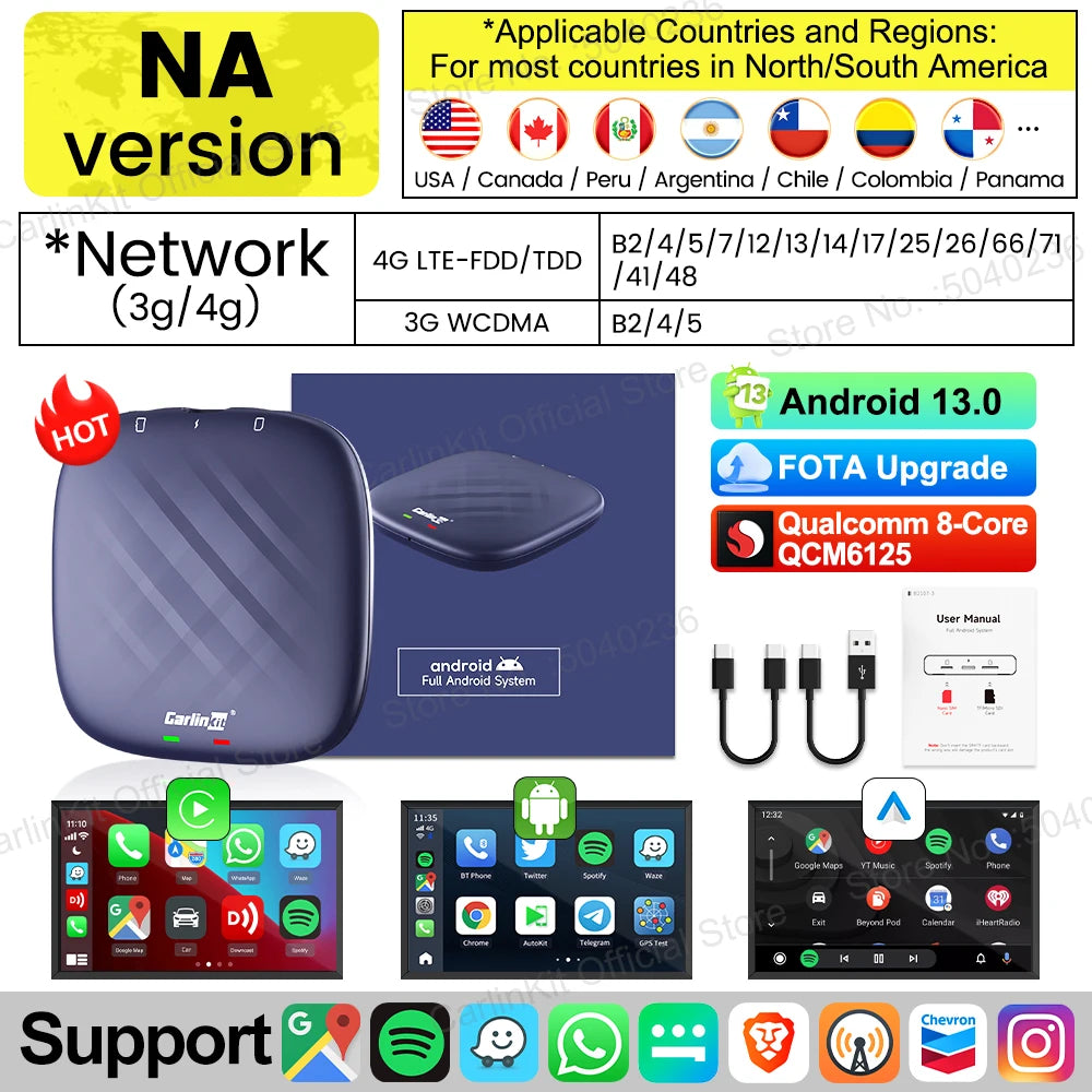 2026 CarlinKit CarPlay AI Box Android 13.0 QCM6225 8-Core Android Auto Wireless CarPlay Adapter 2.4+5GGPS 64G 128G FOTA Upgrade