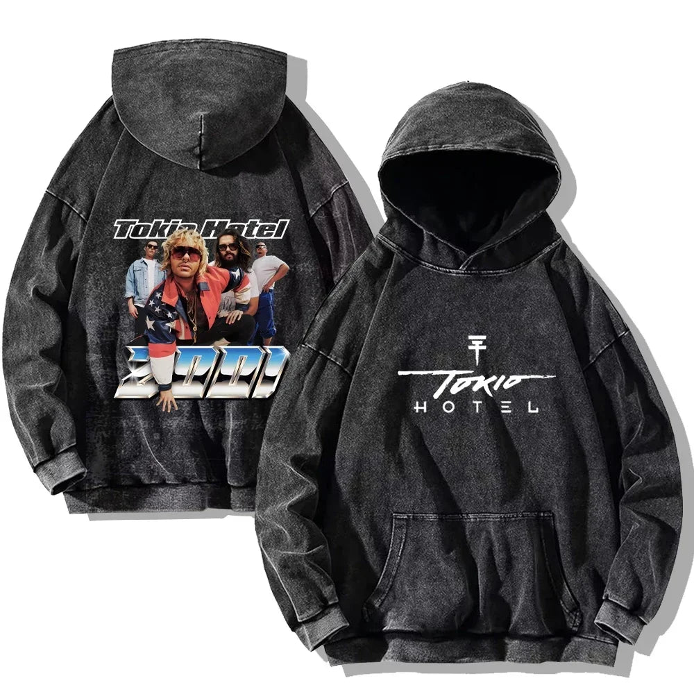Hip Hop Streetwear Tokio Hotel Washed Hoodies Tokio Hotel Kaulitz 89 Sweatshirts Men Women Retro Casual Oversized Pullover Tops
