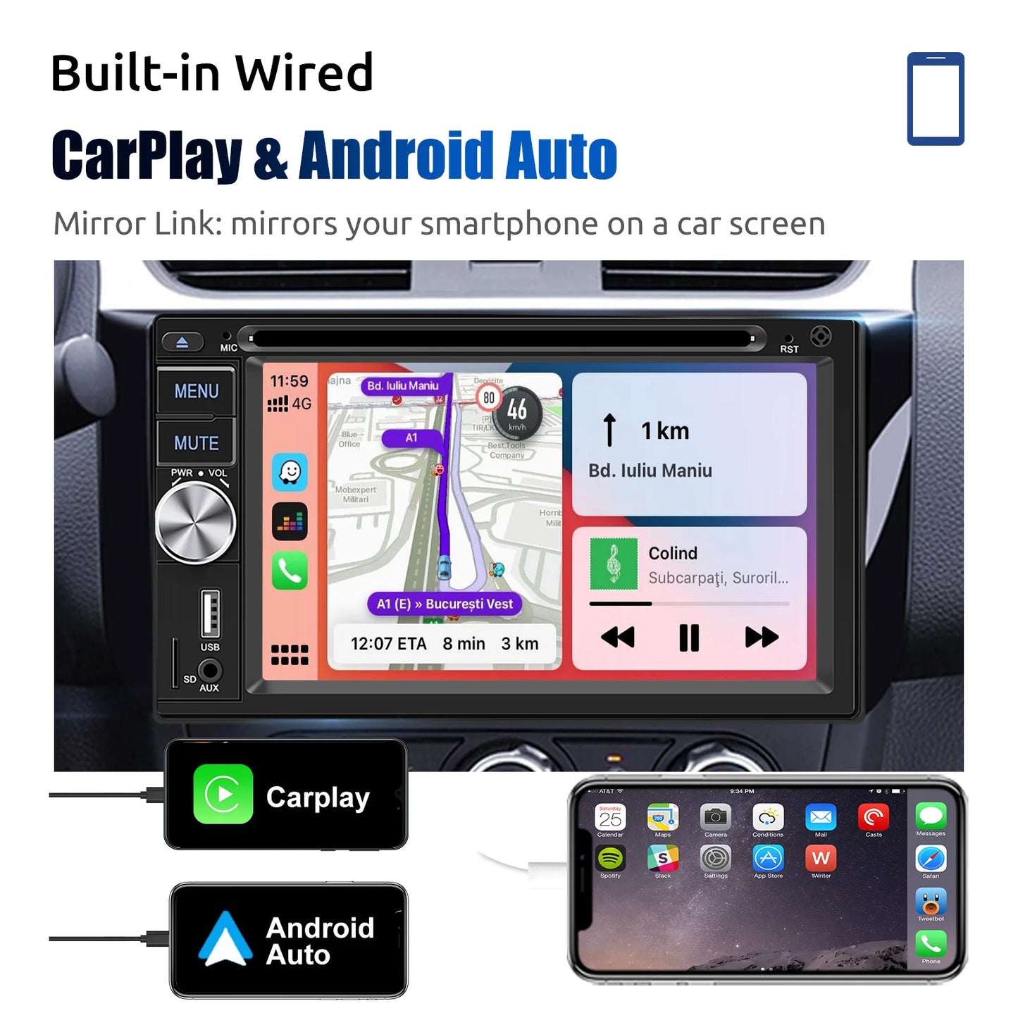 6.2" Double 2 DIN Car Stereo Radio CD DVD Player Apple Carplay & Android Auto FM/RDS HD Touch Screen Bluetooth USB TF+MIC&Camera