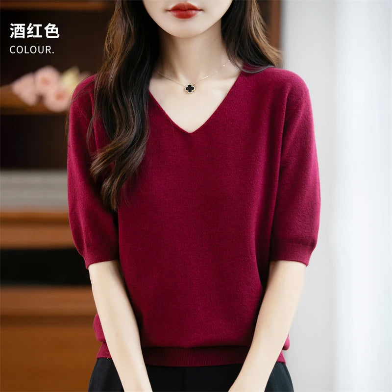 Thin Worsted Wool Short-Sleeved Women's Loose Round Neck T-shirt Printed Summer Fashion Knitted Bottoming Shirt Half-Sleeved