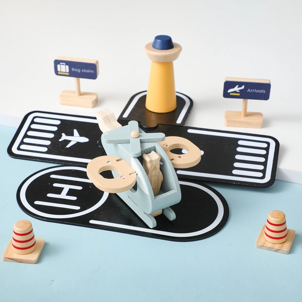 Wooden Building Block Airplane Toy Simulating Helicopter Landing Pad scene Kid Intelligence Education Game Child Interactive Toy