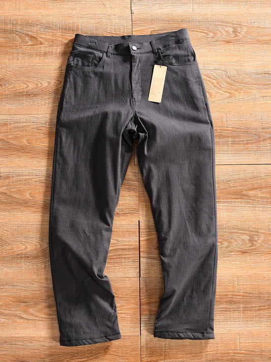 Men's Winter Business Casual Straight Leg Cotton Pants Thick Elastic Youthful Pure Color Versatile Comfortable Fit Trousers