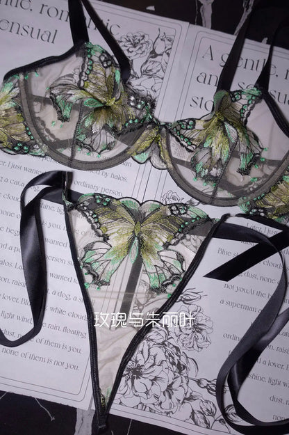 Ultra-Thin Sexy Lace Sheer Lingerie Set For Women French Butterfly Embroidery Push Up Bra Soft Underwire Support Date Night Wear