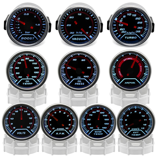 Car Gauge 52MM Water Temp Oil Temp Oil Press Voltmeter Vacuum Tachometer RPM Boost Gauge Air Fuel Ratio EGT Gauge for 12V Car