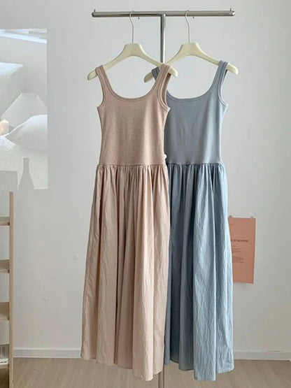 new Summer Patchwork Sleeveless Dress Vintage Female Fashion Casual Holiday Dress For Women Square Neck Long Party Dresses