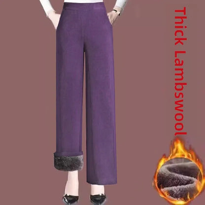 High Quality Fleece Lined Wide Leg Pants Thickened Corduroy Straight Cut Casual Trousers for Women Winter 2025 Warmth Elastic...