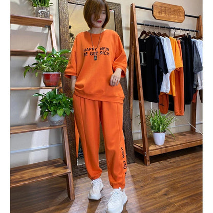 Summer New Casual Sports Set Women's Trendy plus Size Fashion Letter Short Sleeve Long Pants Fat Sister Two-Piece Set Trendy