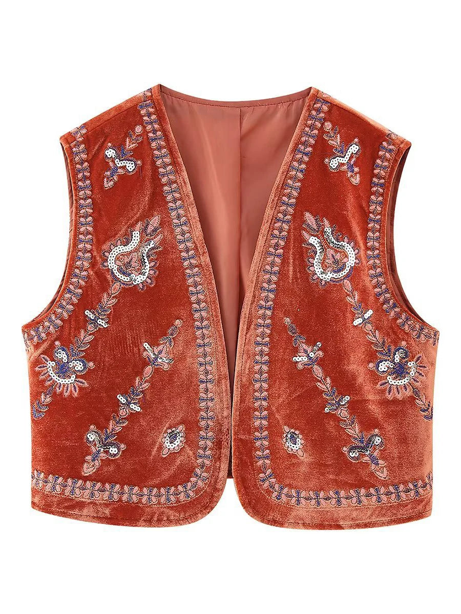 Women's Vintage Floral Embroidered Vest Tops Velvet Casual Open Front Sleeveless Cardigan Waistcoat Streetwear 2024 Autumn