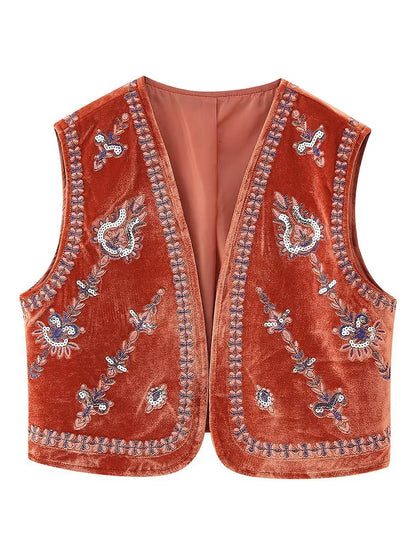 Women's Vintage Floral Embroidered Vest Tops Velvet Casual Open Front Sleeveless Cardigan Waistcoat Streetwear 2024 Autumn