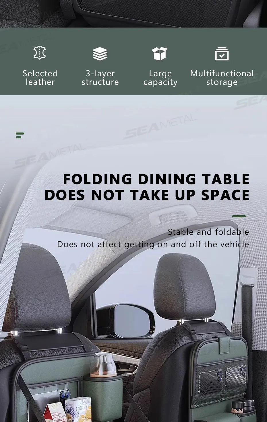 SEAMETAL Car Backseat Table Storage Bag Folding Table Trash Can Pu Leather Multi-functional Hanging Storage Bags Seat Back Tray