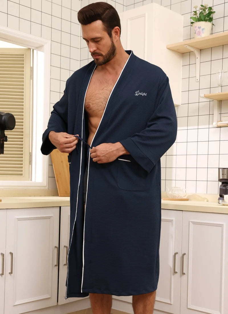 Mens Waffle Knit Quick Dry Bathrobe Absorbent Kimono Robe with Pockets White Piping Trim Soft Lightweight Mens Spa Loungewear